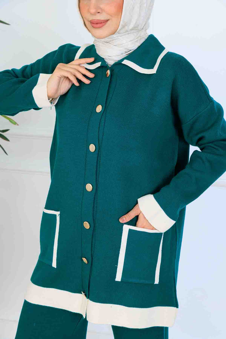 BNG Women Düğmeli Çizgi Detaylı Triko Takım S1043 Zümrüt Yeşili - Port Macquarie