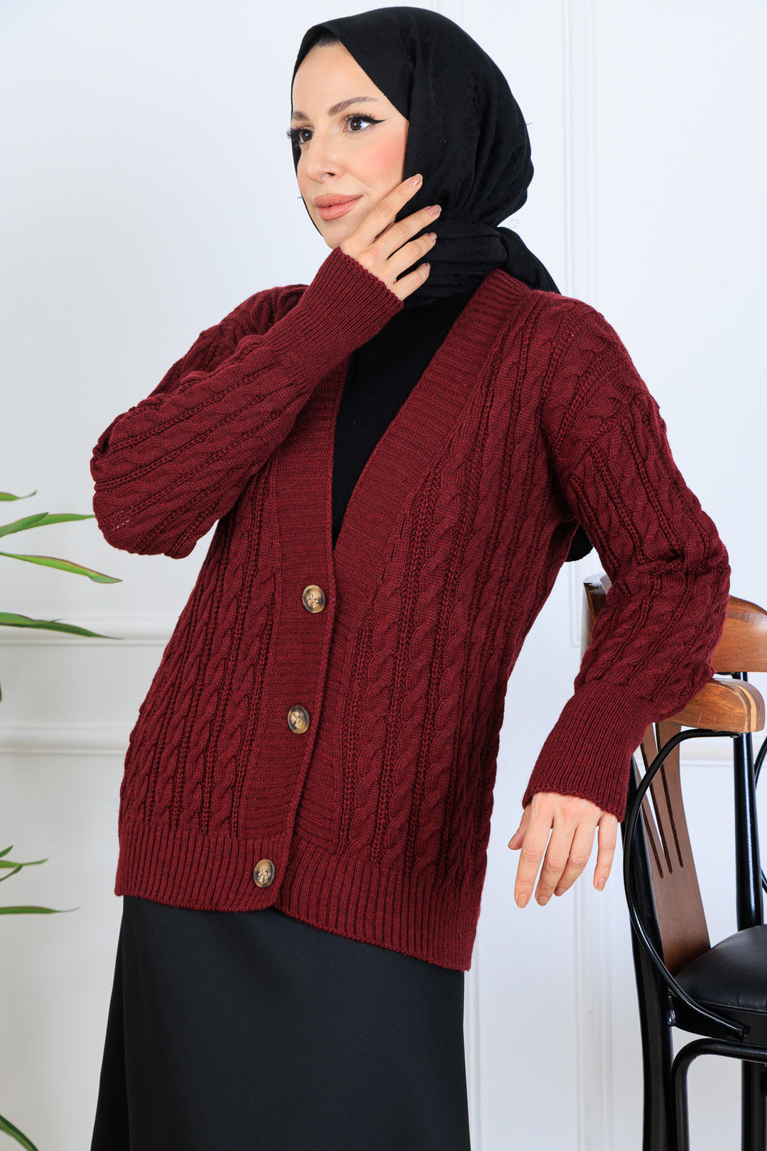 BNG Women Braided Short Knit Cardigan S4000 Burgundy - Rosenberg