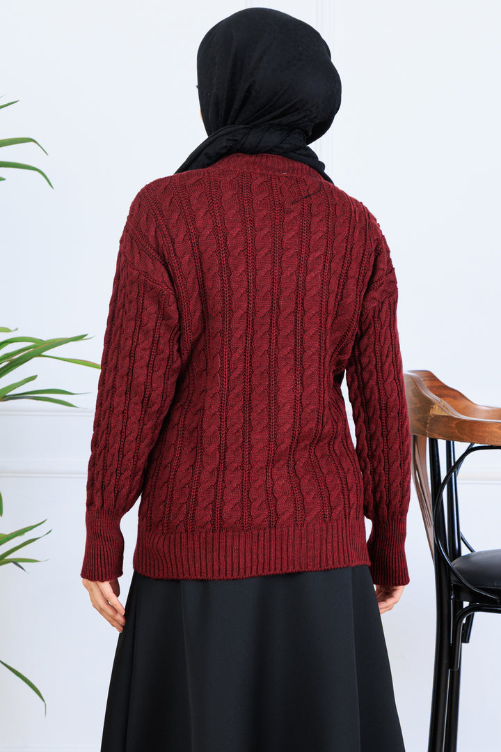BNG Women Braided Short Knit Cardigan S4000 Burgundy - Rosenberg