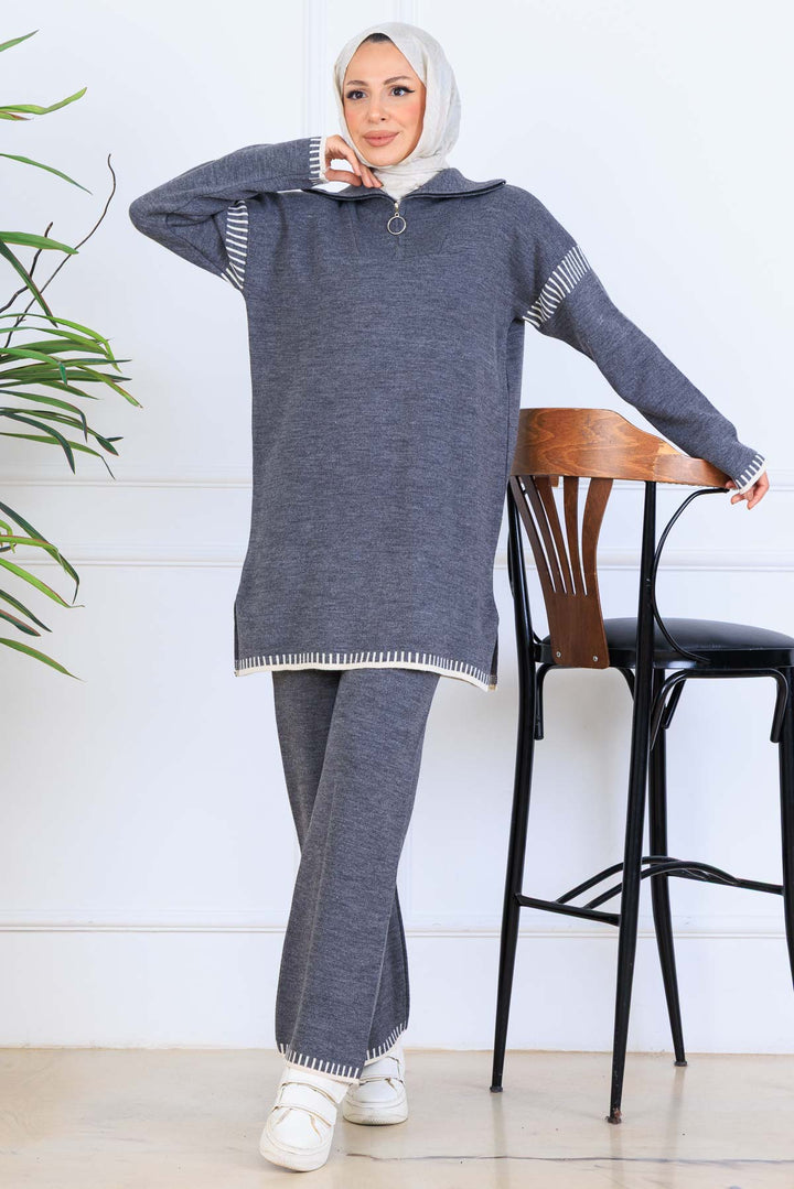 BNG Women Yakası Fermuarlı Şerit Detay Triko Takım S1061 Antrasit - Gateshead