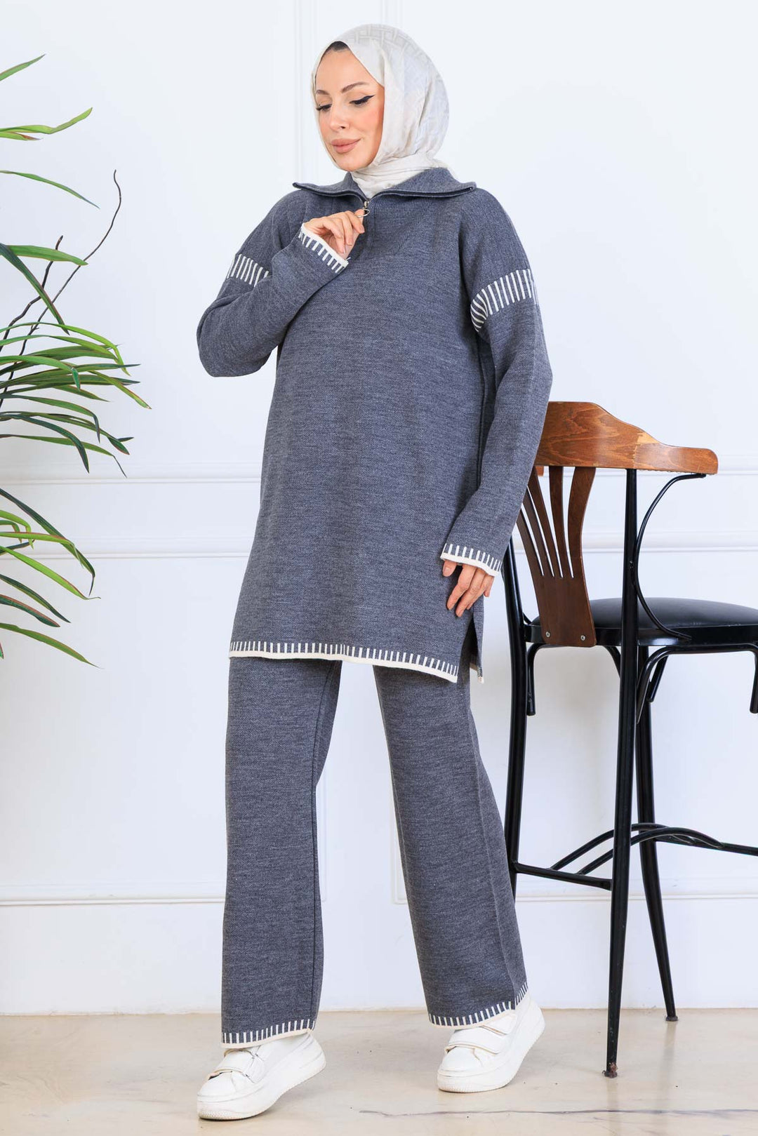 BNG Women Yakası Fermuarlı Şerit Detay Triko Takım S1061 Antrasit - Gateshead