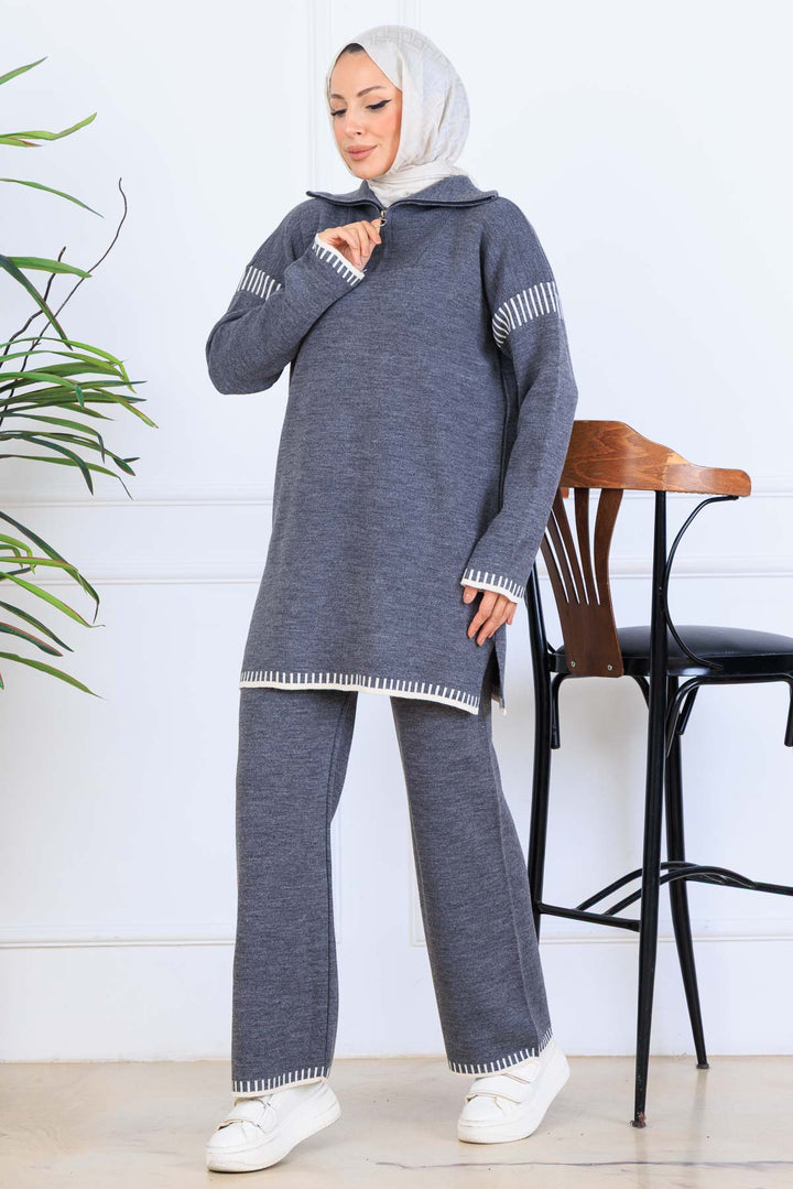 BNG Women Yakası Fermuarlı Şerit Detay Triko Takım S1061 Antrasit - Gateshead