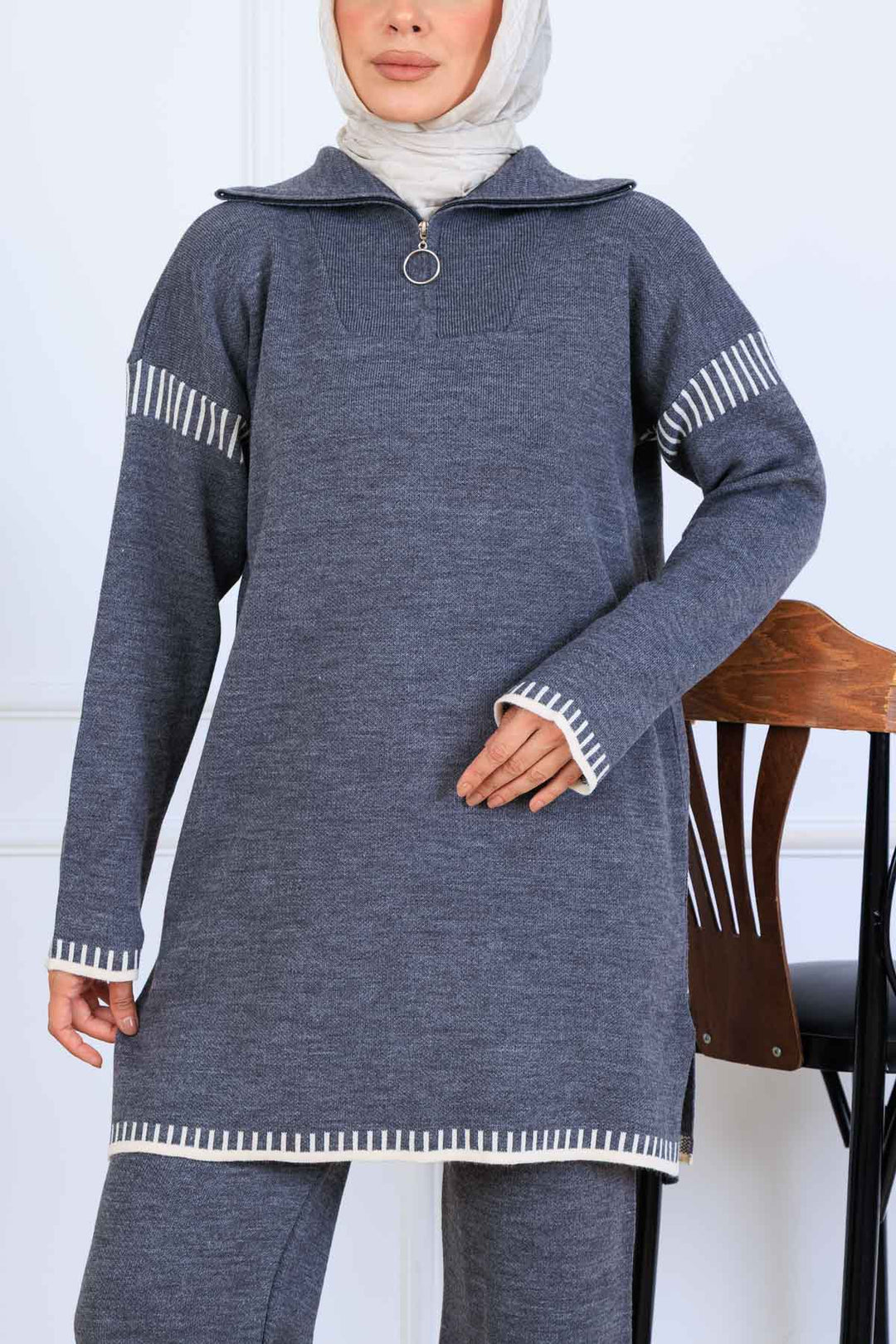 BNG Women Yakası Fermuarlı Şerit Detay Triko Takım S1061 Antrasit - Gateshead