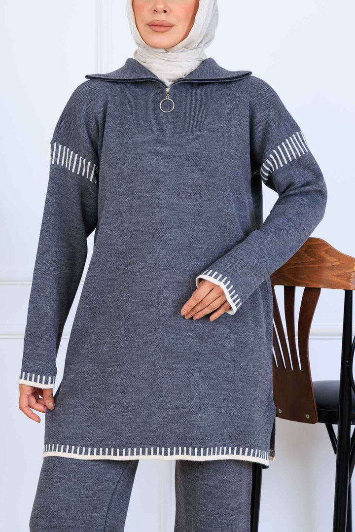 BNG Women Yakası Fermuarlı Şerit Detay Triko Takım S1061 Antrasit - Gateshead