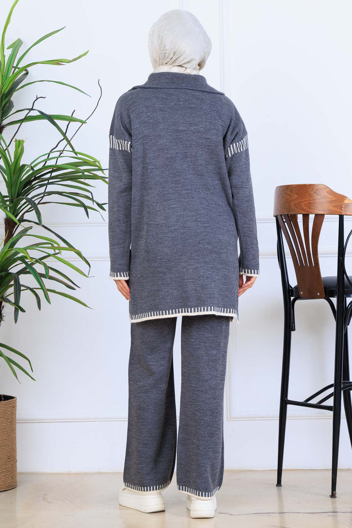 BNG Women Yakası Fermuarlı Şerit Detay Triko Takım S1061 Antrasit - Gateshead