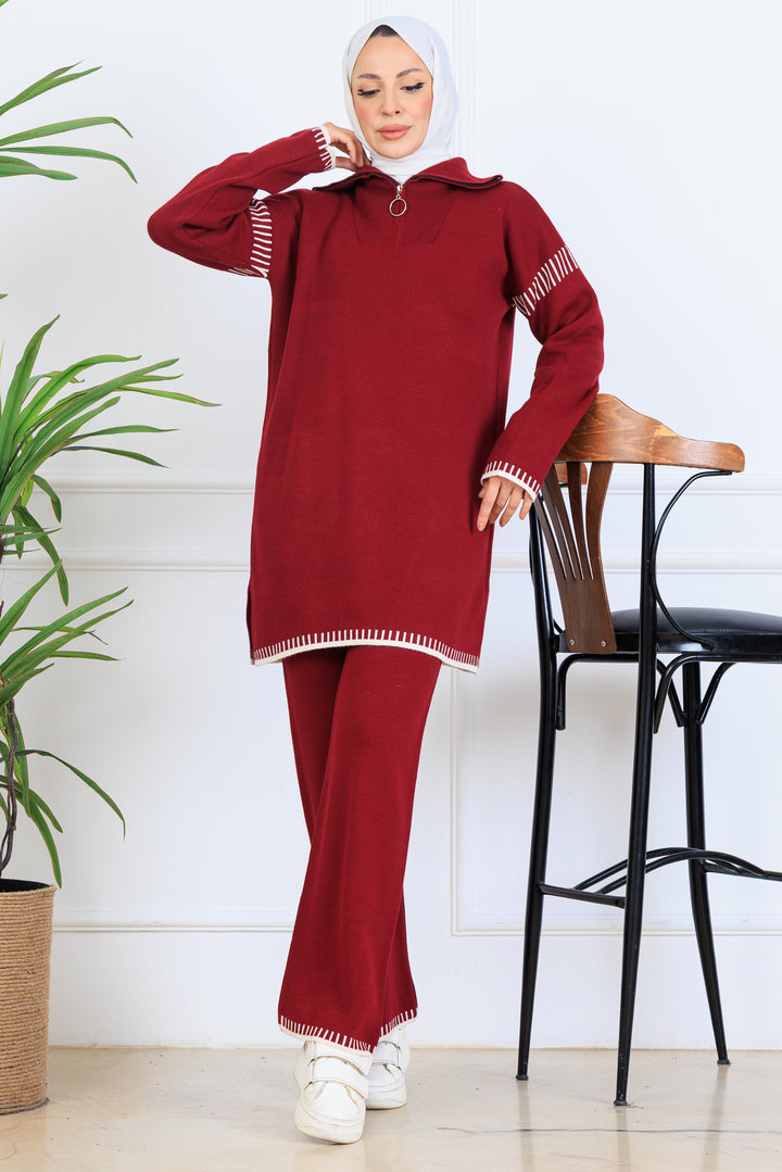 BNG Women Yakası Fermuarlı Şerit Detay Triko Takım S1061 Bordo - Laval