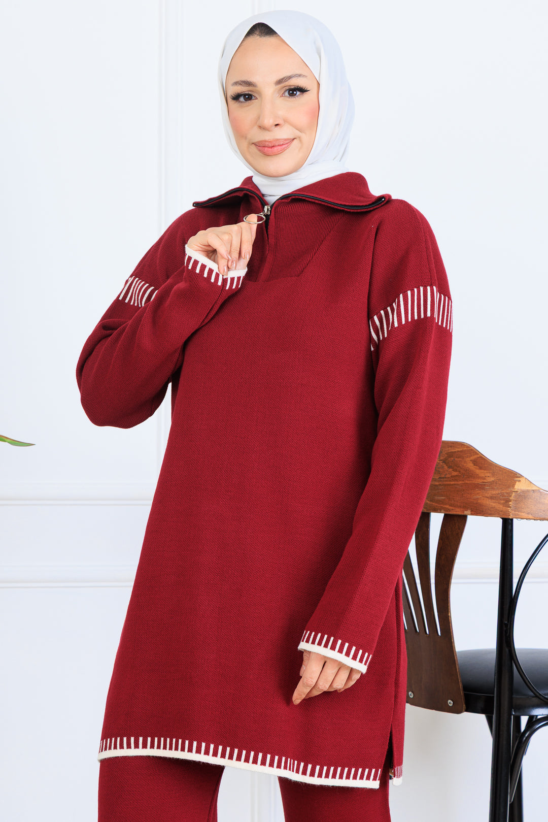 BNG Women Yakası Fermuarlı Şerit Detay Triko Takım S1061 Bordo - Laval