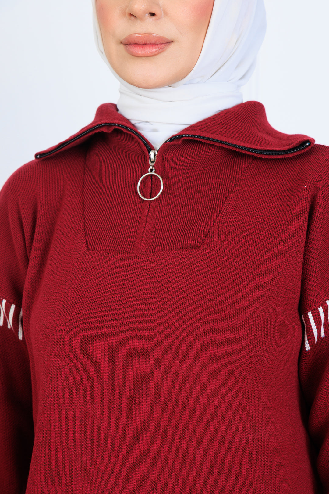 BNG Women Yakası Fermuarlı Şerit Detay Triko Takım S1061 Bordo - Laval