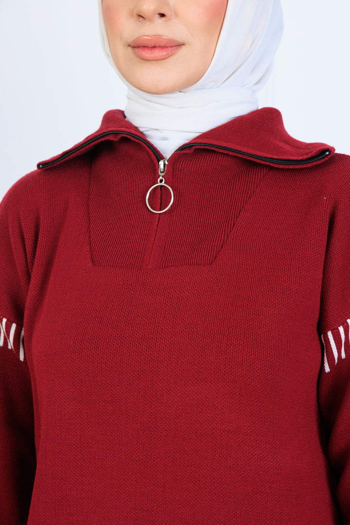 BNG Women Yakası Fermuarlı Şerit Detay Triko Takım S1061 Bordo - Laval