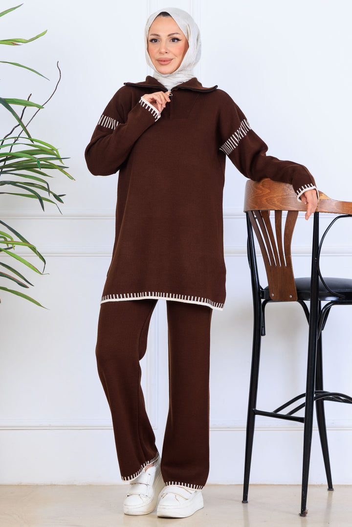 BNG Women Yakası Fermuarlı Şerit Detay Triko Takım S1061 Kahverengi - Avondale