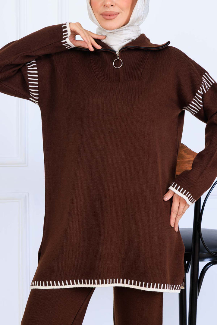 BNG Women Yakası Fermuarlı Şerit Detay Triko Takım S1061 Kahverengi - Avondale