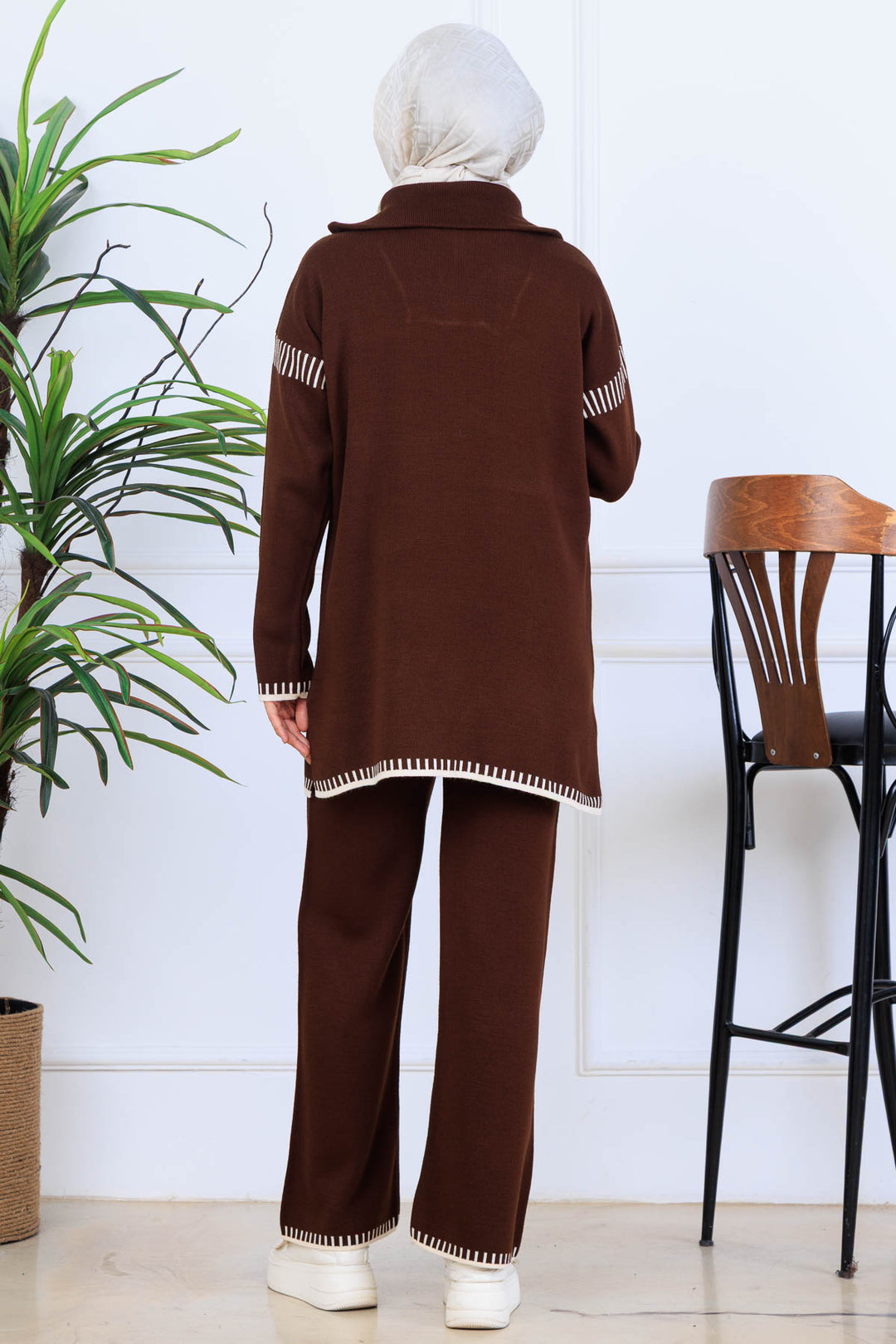 BNG Women Yakası Fermuarlı Şerit Detay Triko Takım S1061 Kahverengi - Avondale