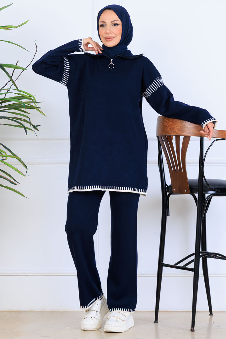 BNG Women Yakası Fermuarlı Şerit Detay Triko Takım S1061 Lacivert - Hammond