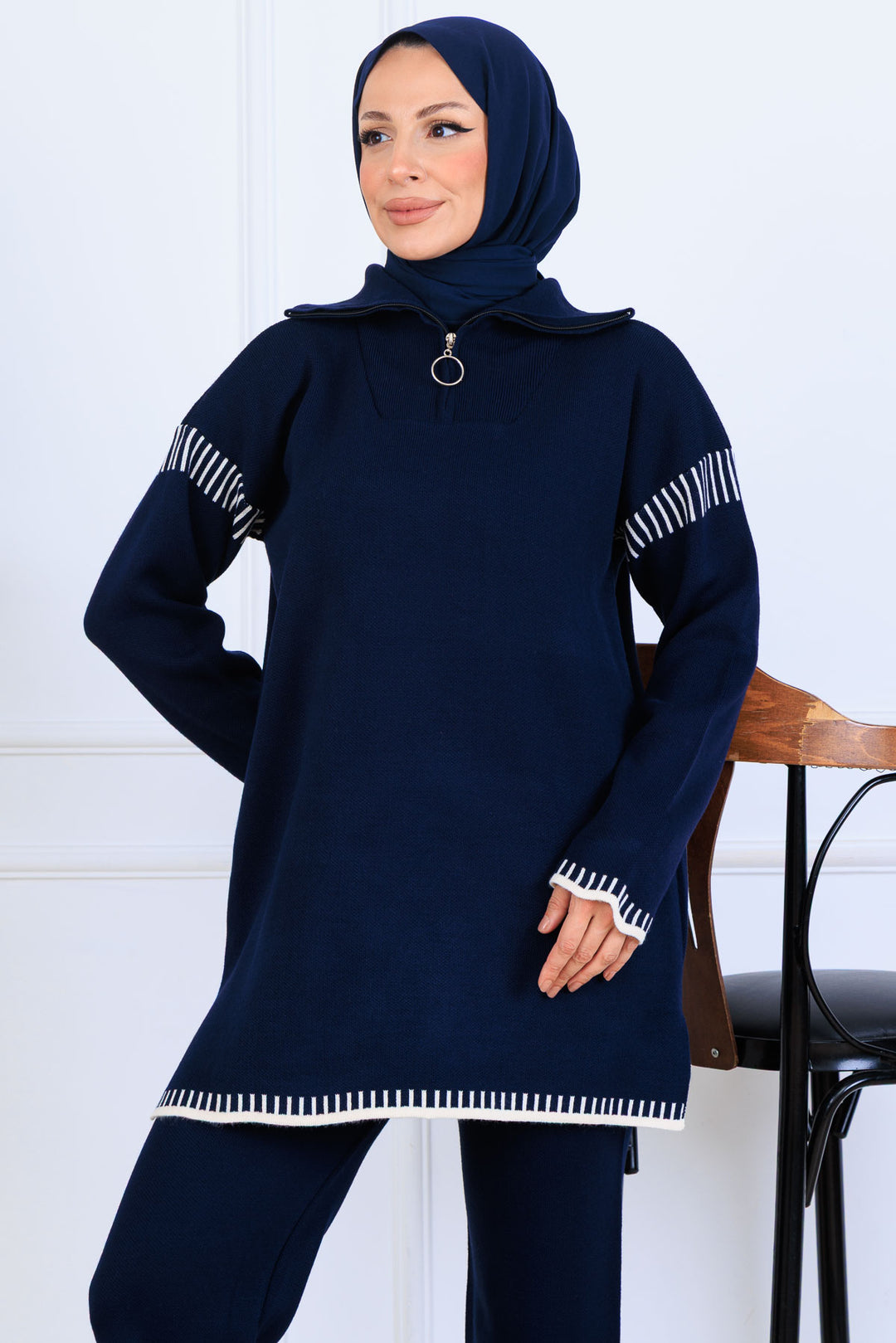 BNG Women Yakası Fermuarlı Şerit Detay Triko Takım S1061 Lacivert - Hammond