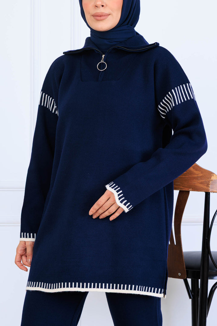 BNG Women Yakası Fermuarlı Şerit Detay Triko Takım S1061 Lacivert - Hammond