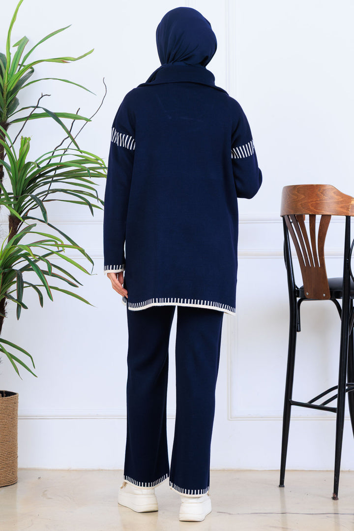 BNG Women Yakası Fermuarlı Şerit Detay Triko Takım S1061 Lacivert - Hammond
