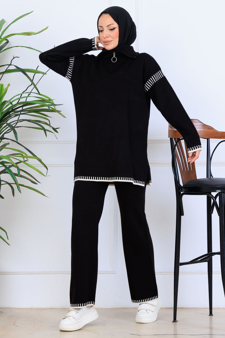 BNG Women Zippered Collar Striped Detail Knit Set S1061 Black - Mount Juliet