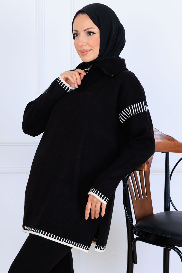 BNG Women Zippered Collar Striped Detail Knit Set S1061 Black - Mount Juliet