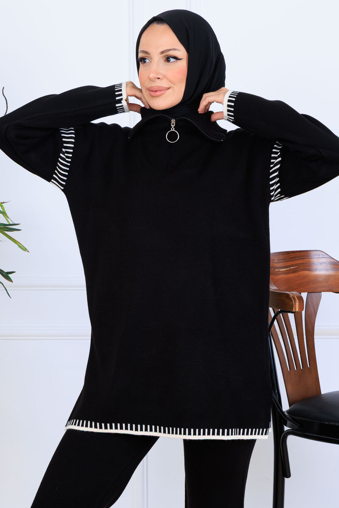 BNG Women Zippered Collar Striped Detail Knit Set S1061 Black - Mount Juliet