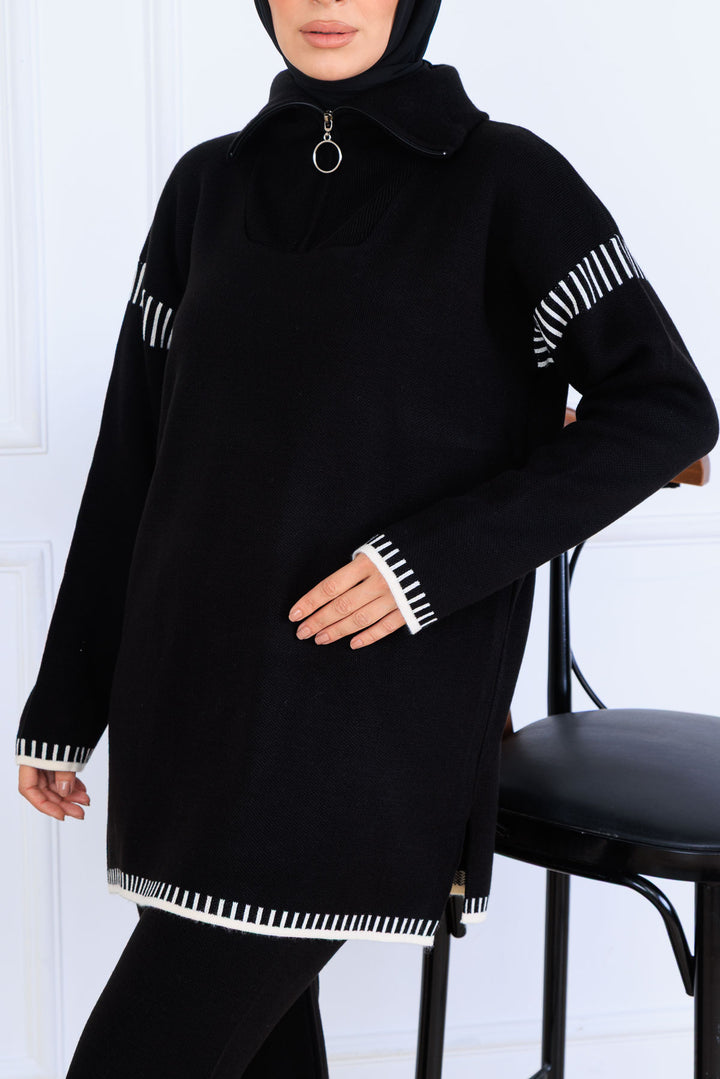 BNG Women Zippered Collar Striped Detail Knit Set S1061 Black - Mount Juliet