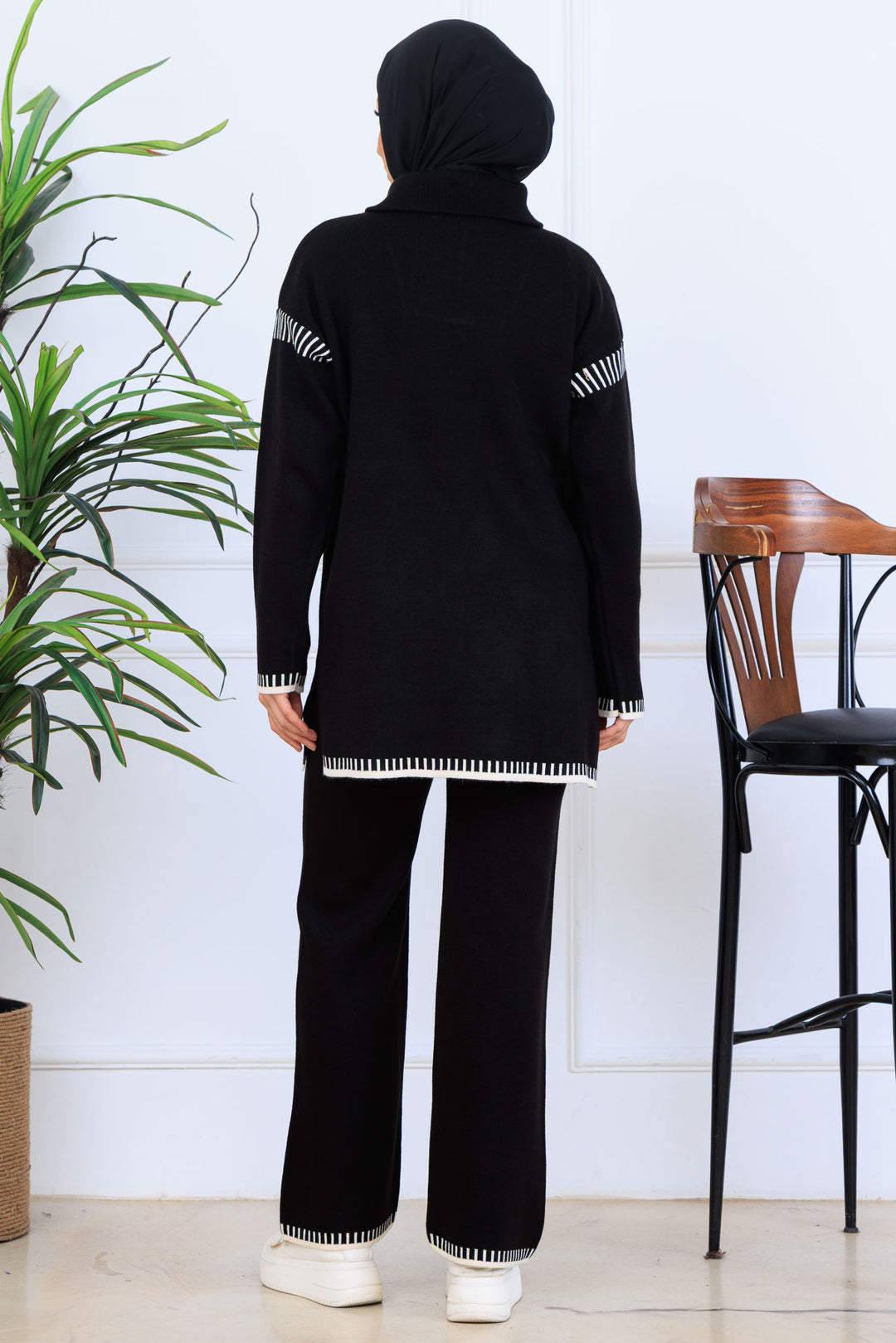 BNG Women Zippered Collar Striped Detail Knit Set S1061 Black - Mount Juliet