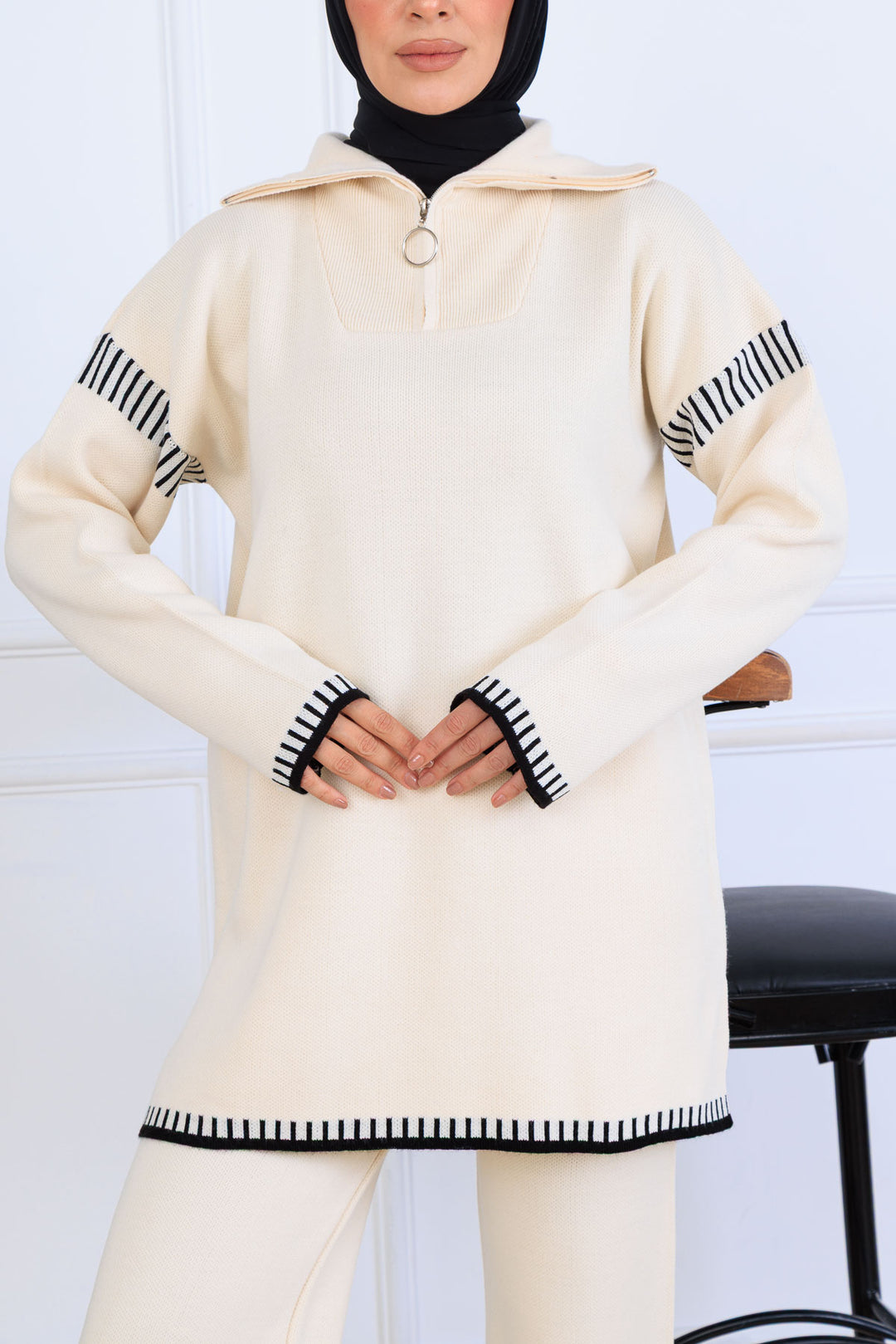 BNG Women Yakası Fermuarlı Şerit Detay Triko Takım S1061 Taş Rengi - Águeda