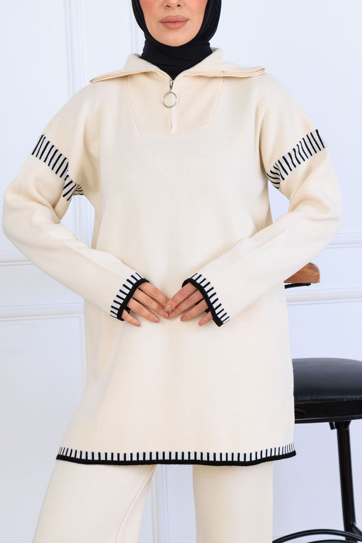 BNG Women Yakası Fermuarlı Şerit Detay Triko Takım S1061 Taş Rengi - Águeda