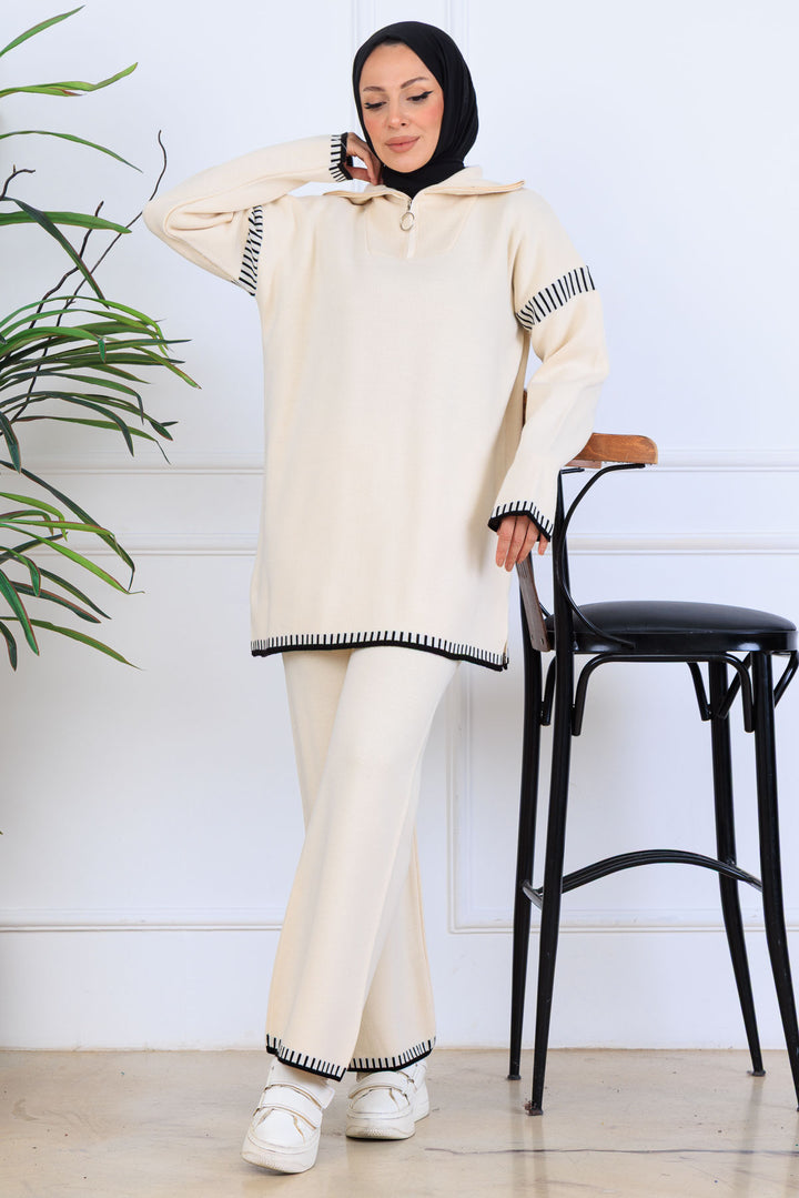 BNG Women Yakası Fermuarlı Şerit Detay Triko Takım S1061 Taş Rengi - Águeda