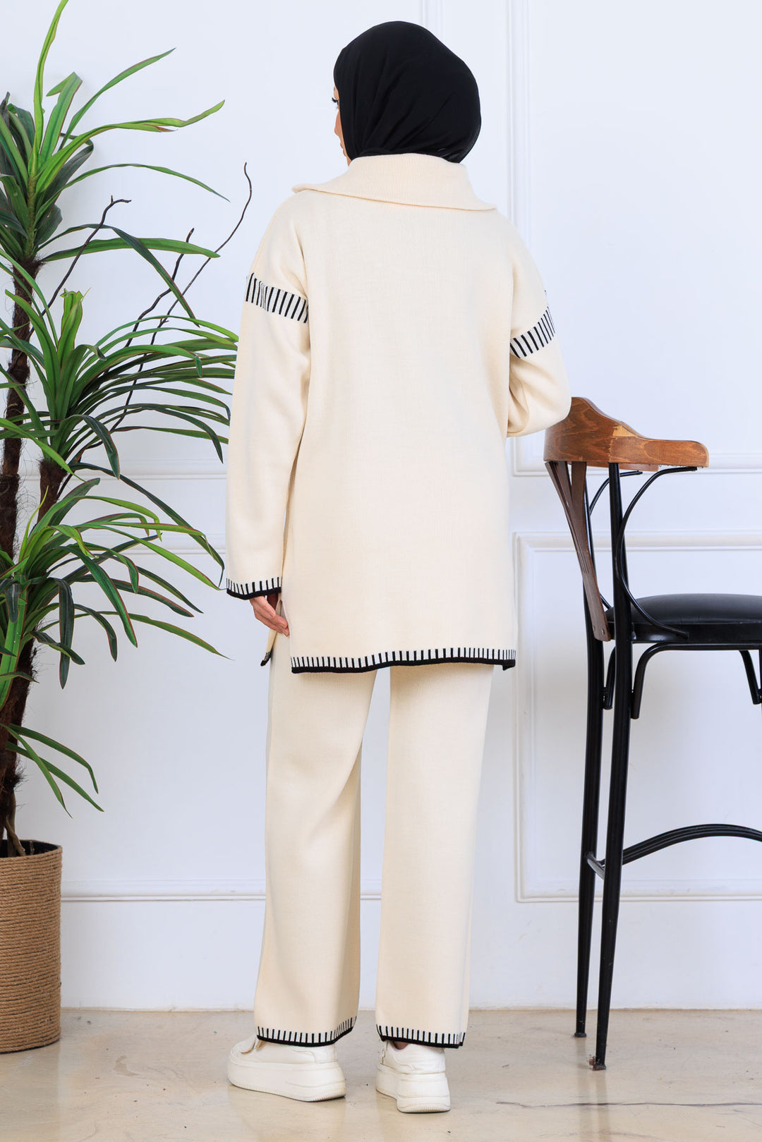 BNG Women Yakası Fermuarlı Şerit Detay Triko Takım S1061 Taş Rengi - Águeda