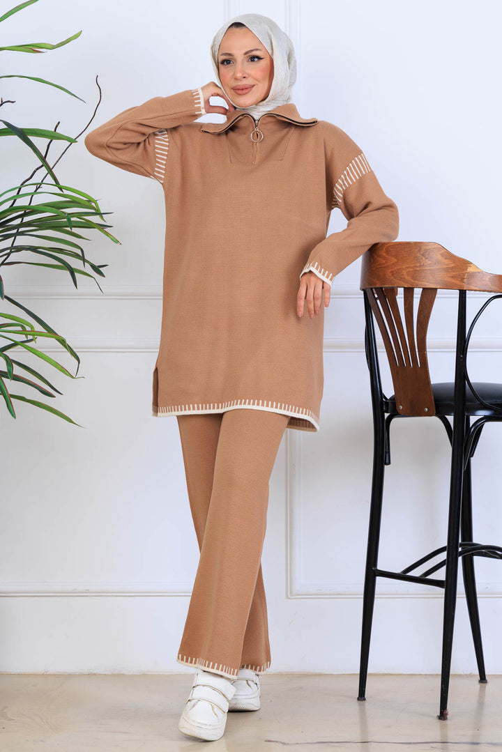 BNG Women Yakası Fermuarlı Şerit Detay Triko Takım S1061 Vizon - Doral