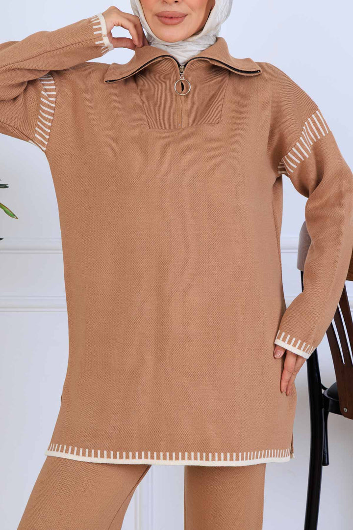 BNG Women Yakası Fermuarlı Şerit Detay Triko Takım S1061 Vizon - Doral