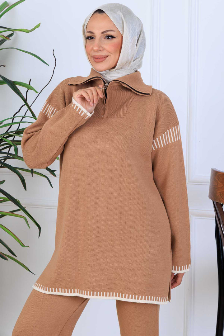 BNG Women Yakası Fermuarlı Şerit Detay Triko Takım S1061 Vizon - Doral