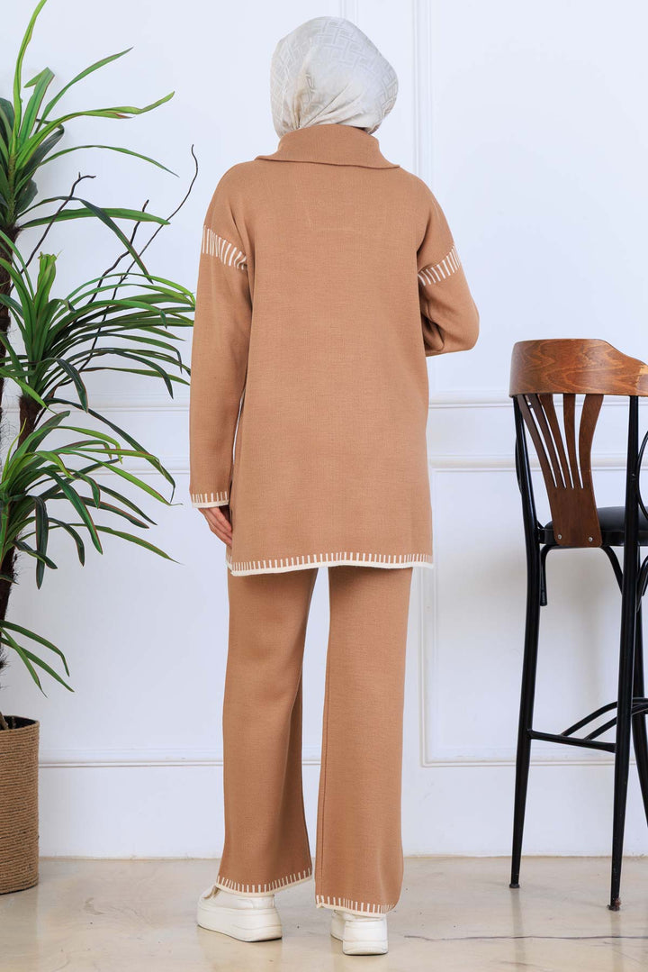 BNG Women Yakası Fermuarlı Şerit Detay Triko Takım S1061 Vizon - Doral