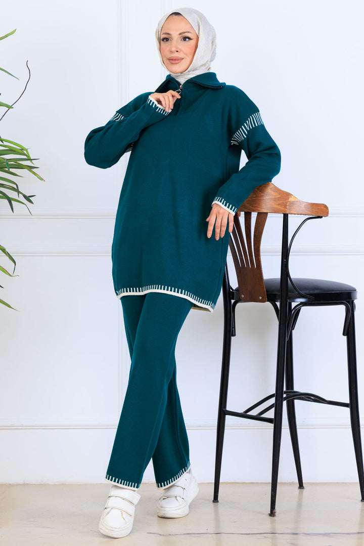 BNG Women Yakası Fermuarlı Şerit Detay Triko Takım S1061 Zümrüt Yeşili - San Bruno