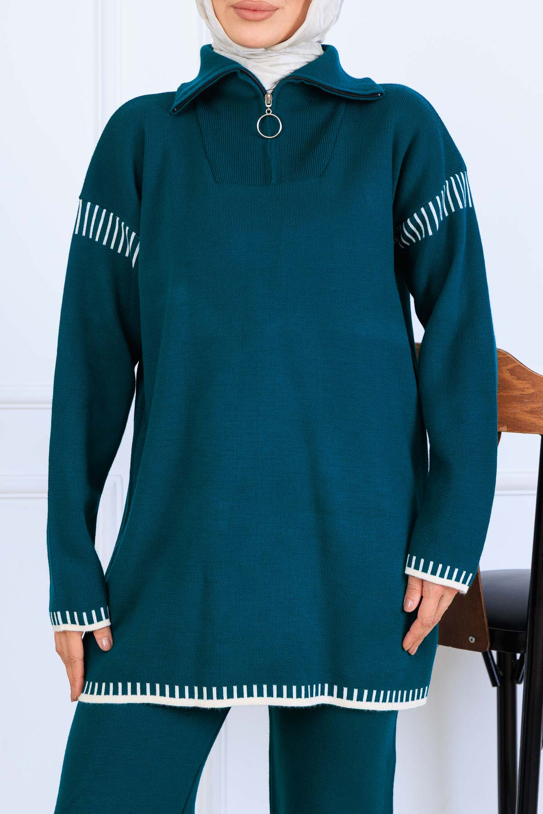 BNG Women Yakası Fermuarlı Şerit Detay Triko Takım S1061 Zümrüt Yeşili - San Bruno