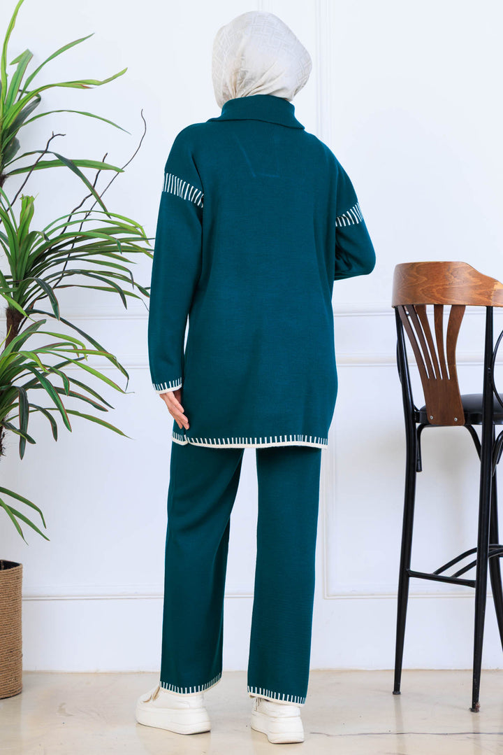 BNG Women Yakası Fermuarlı Şerit Detay Triko Takım S1061 Zümrüt Yeşili - San Bruno