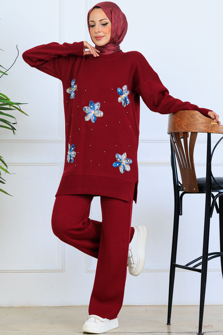 BNG Women Floral Knit Set S1006 Burgundy - Sarasota