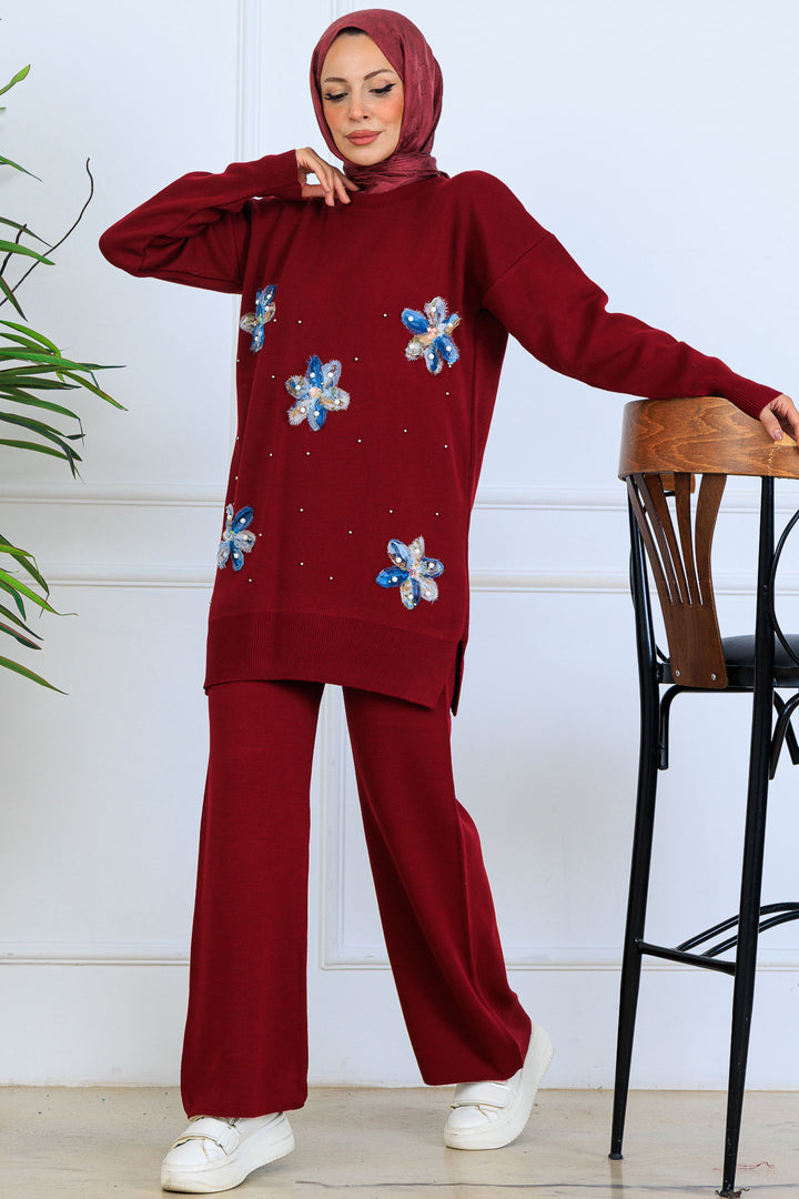 BNG Women Floral Knit Set S1006 Burgundy - Sarasota