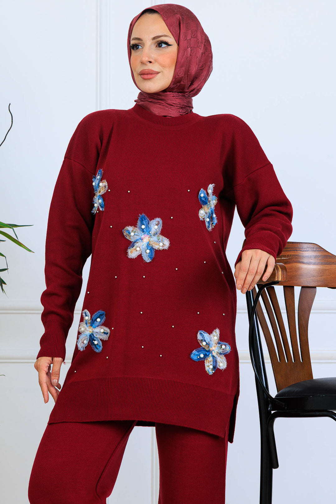 BNG Women Floral Knit Set S1006 Burgundy - Sarasota
