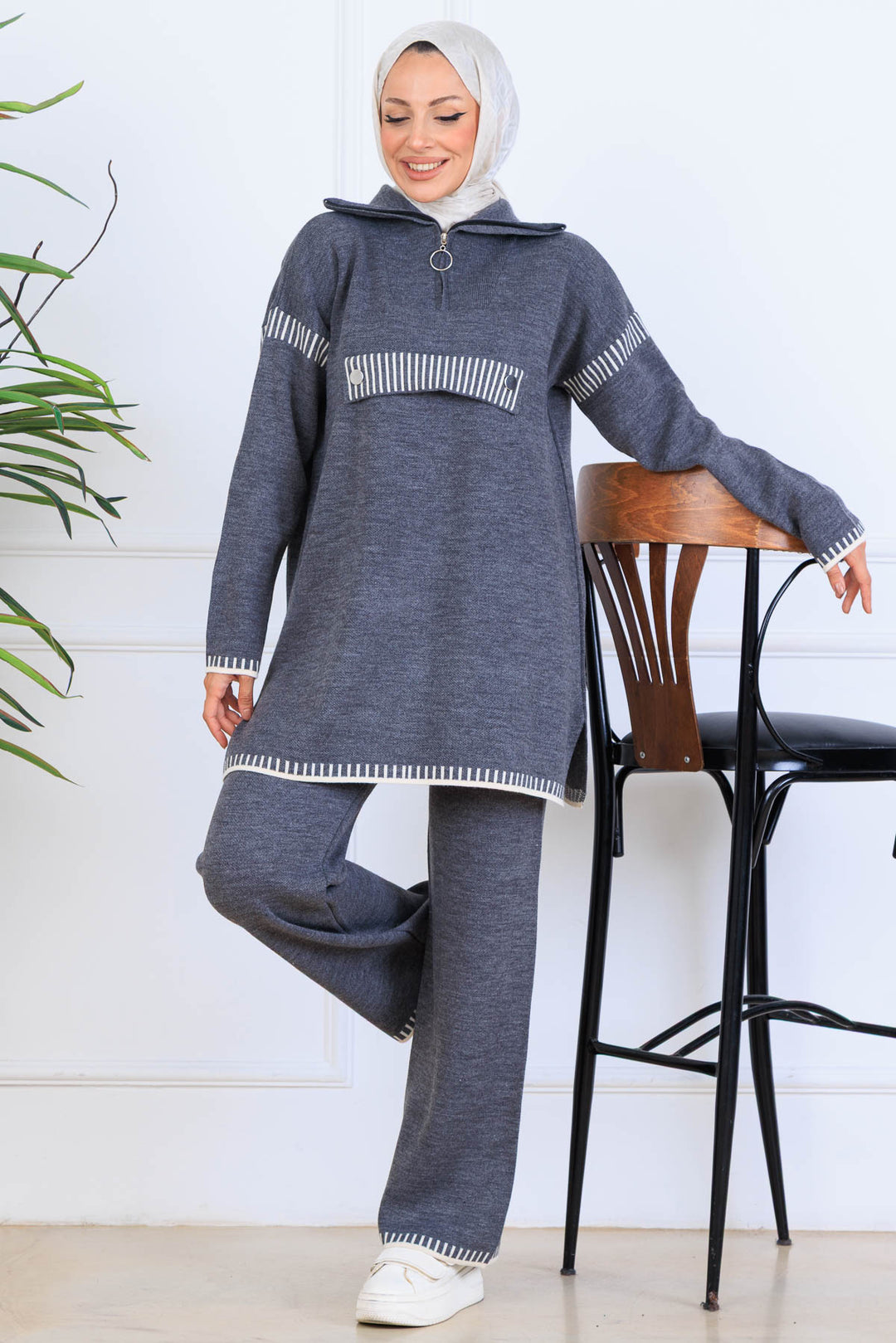 BNG Women Yakası Fermuarlı Triko Takım S1105 Antrasit - San Giorgio a Cremano