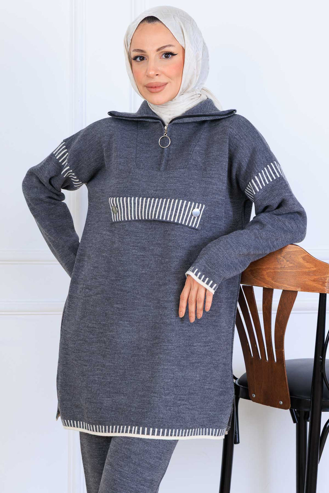 BNG Women Yakası Fermuarlı Triko Takım S1105 Antrasit - San Giorgio a Cremano