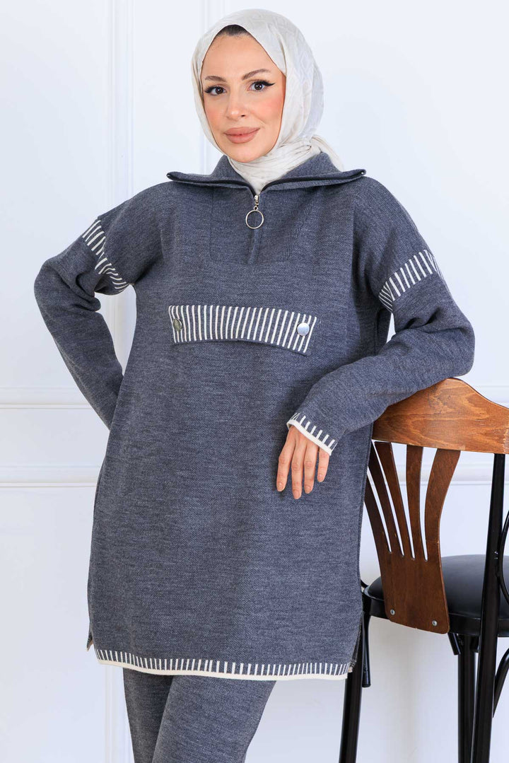 BNG Women Yakası Fermuarlı Triko Takım S1105 Antrasit - San Giorgio a Cremano