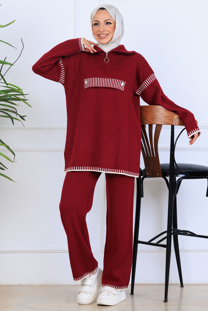 BNG Women Yakası Fermuarlı Triko Takım S1105 Bordo - Woodland