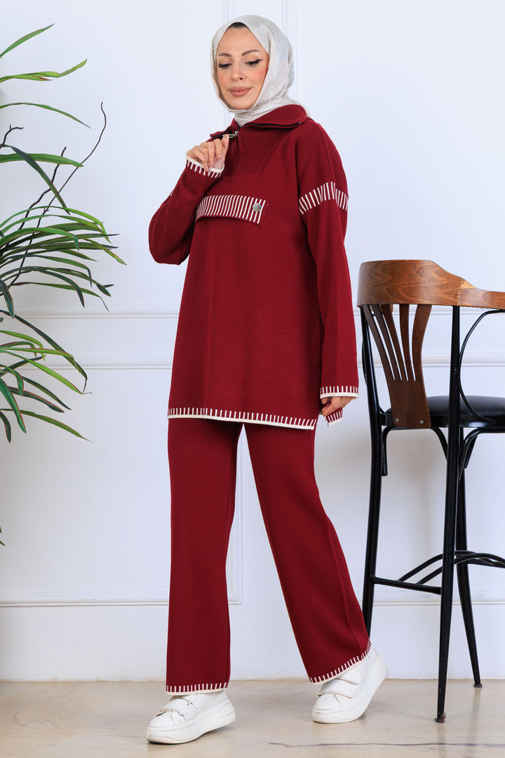 BNG Women Yakası Fermuarlı Triko Takım S1105 Bordo - Woodland