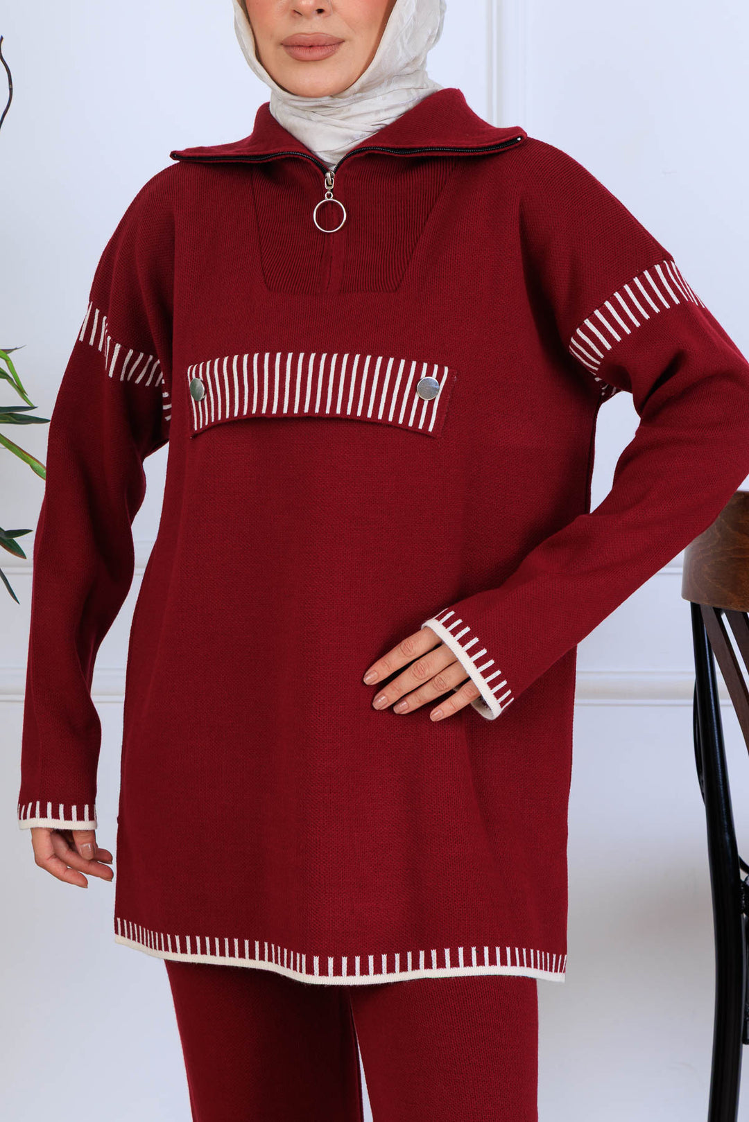 BNG Women Yakası Fermuarlı Triko Takım S1105 Bordo - Woodland