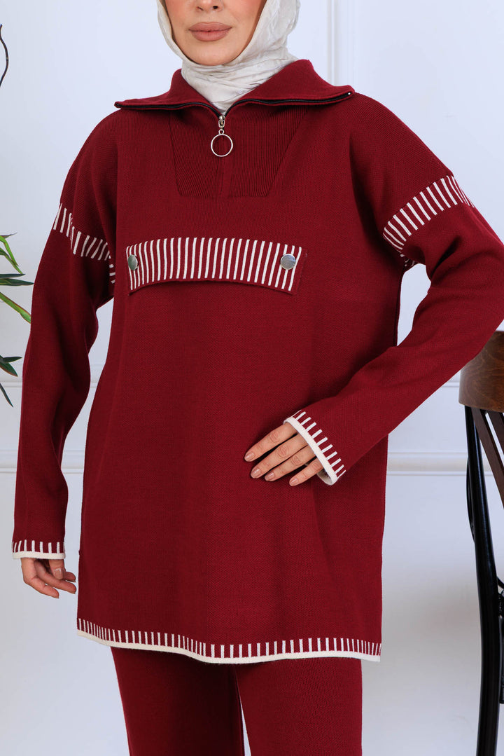 BNG Women Yakası Fermuarlı Triko Takım S1105 Bordo - Woodland