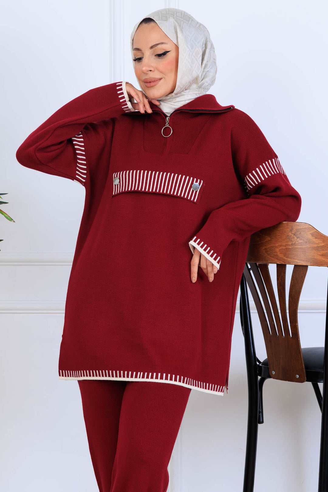 BNG Women Yakası Fermuarlı Triko Takım S1105 Bordo - Woodland