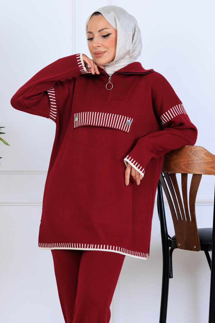 BNG Women Yakası Fermuarlı Triko Takım S1105 Bordo - Woodland