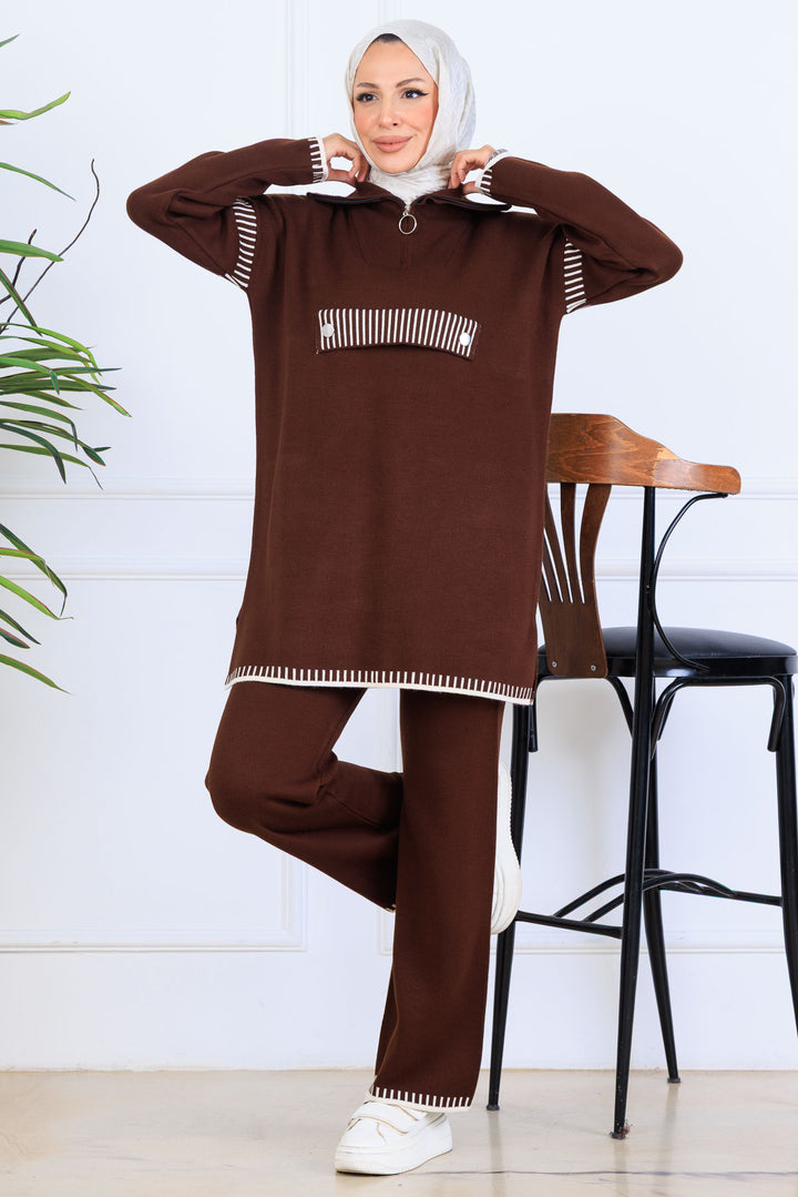 BNG Women Zippered Collar Knitwear Set S1105 Brown - Seraing