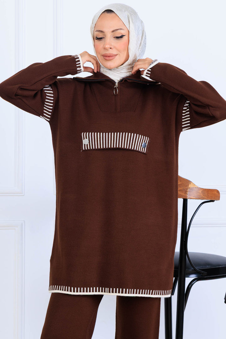 BNG Women Zippered Collar Knitwear Set S1105 Brown - Seraing